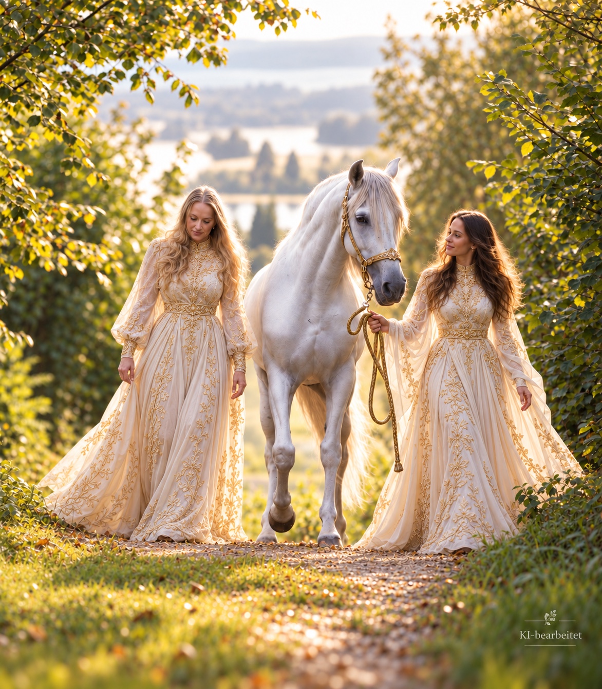 Zwei Frauen in eleganten Kleidern mit einem weissen Pferd in der Natur. KI-bearbeitet.
