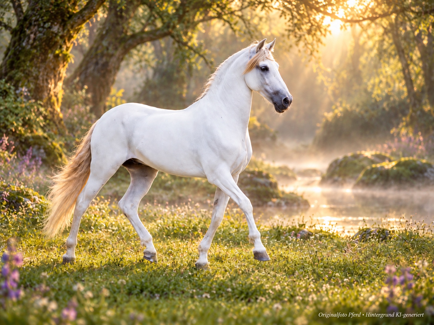 Ein weisses Pferd auf einer Waldlichtung. Originalfoto Pferd, Hintergrund KI-generiert.